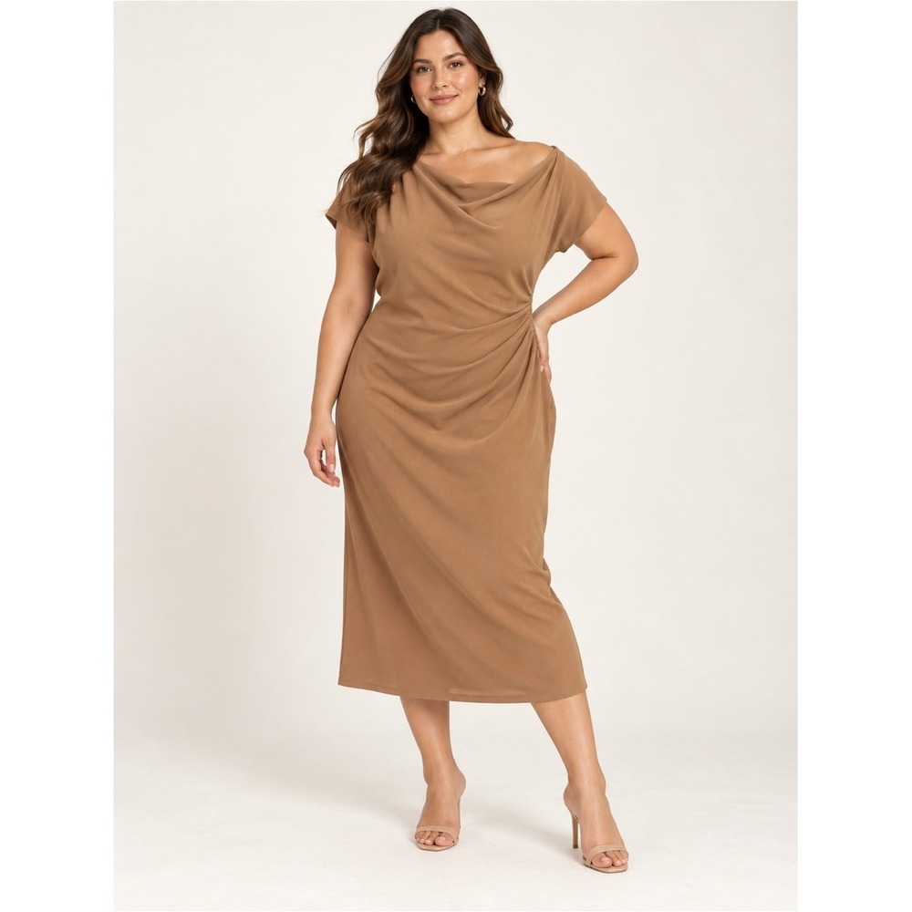 Gibson Latimer Nugget Brown Cowl Neck Ruched Midi Dress XL NWT